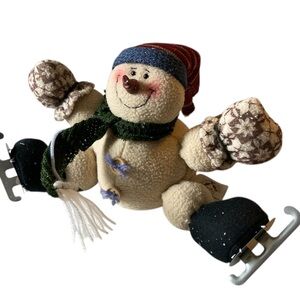 Snowman on Iceskates Stuffed Winter Christmas Decoration 12” wide x 7” tall